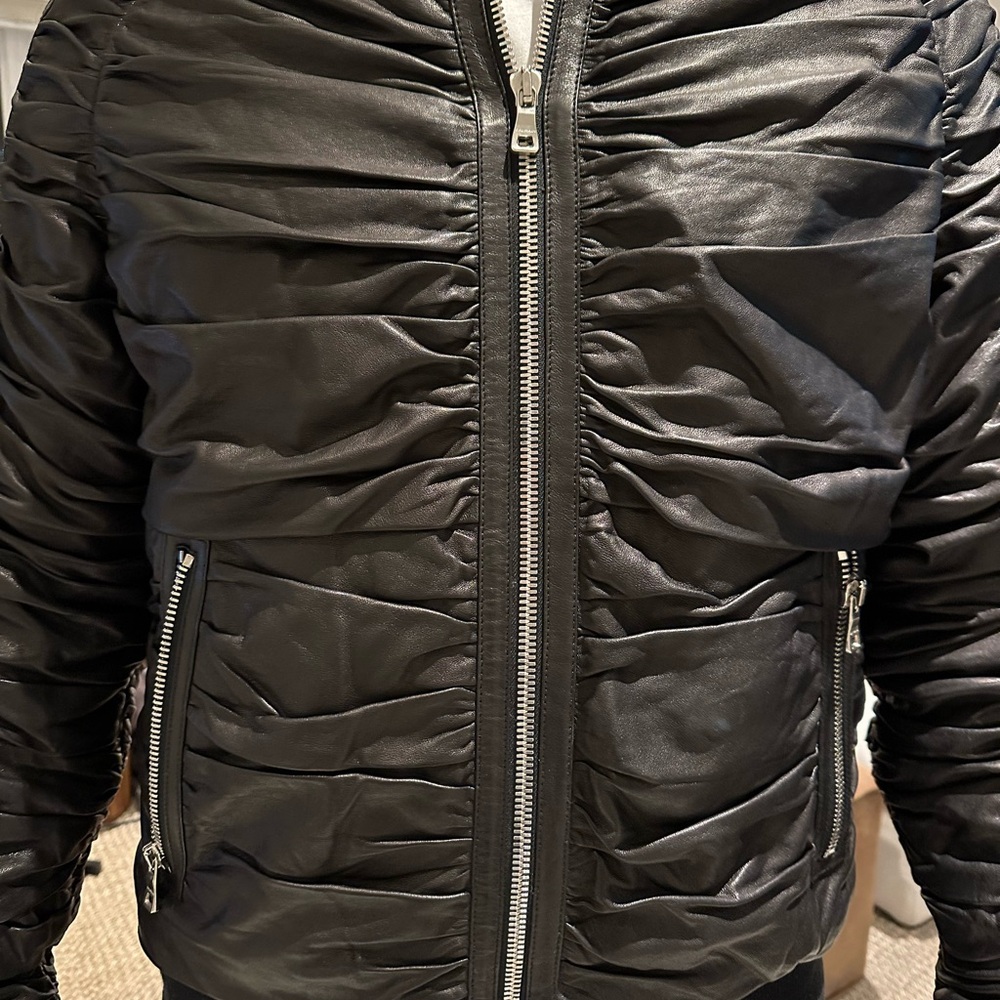 Balmain Ruched Leather Bomber Jacket men’s M (size 52) black leather.